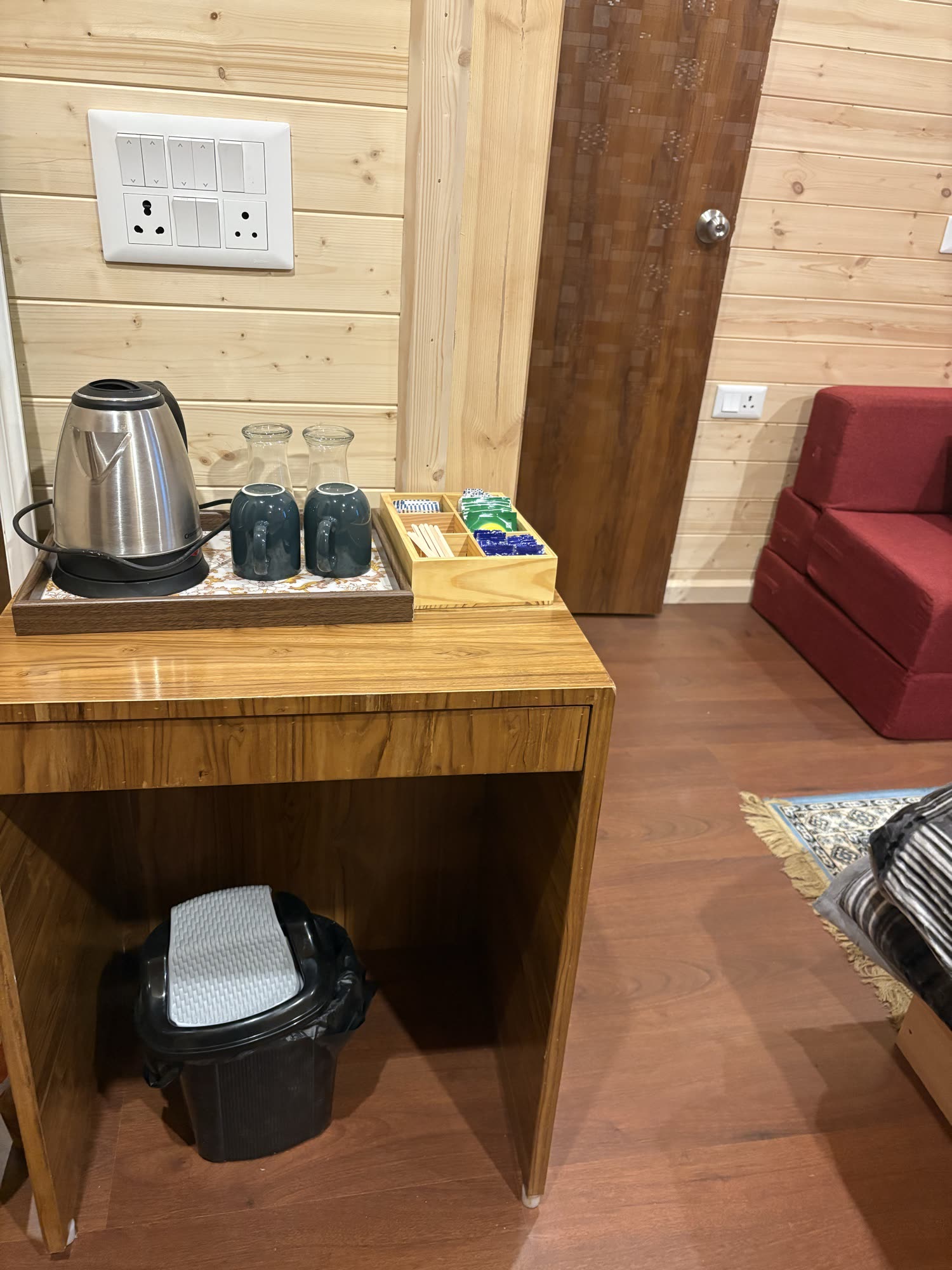 In-room tea & coffee corner with electric kettle and crockery